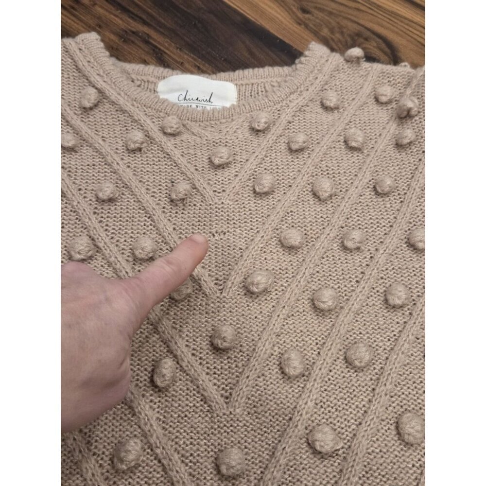 Chicwish Bobble Knit Sweater Womens Beige Textured Pom Pom Balloon Sleeve - Picture 11 of 14